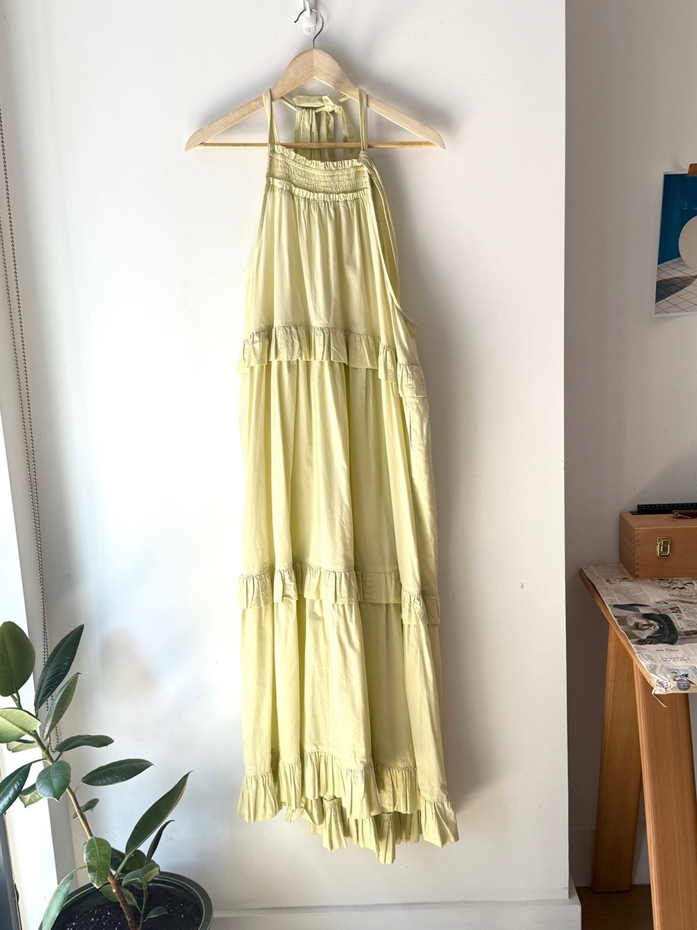 Free People Pale Yellow Tiered Halter Maxi Dress